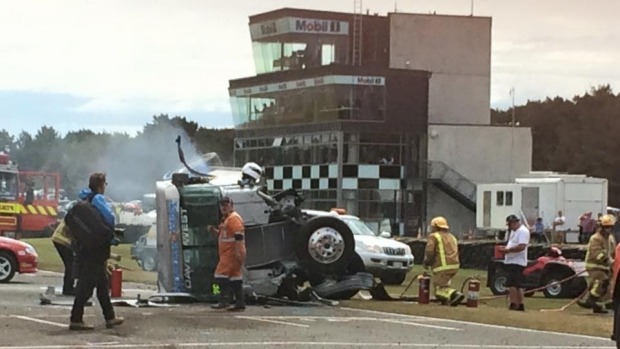 Spectacular SuperTruck crash destroys safety barriers at Teretonga